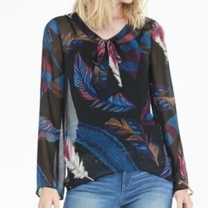 Express Sheer Feather Print Tie Front Blouse